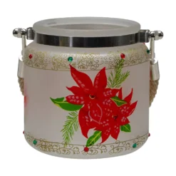 Christmas Central 4" Hand-Painted Red Poinsettias And Gold Flameless Glass Christmas Candle Holder
