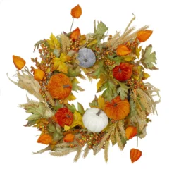 Christmas Central Velvet Pumpkins And Wheat Artificial Fall Harvest Wreath - 24-Inch Unlit