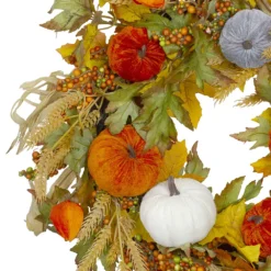 Christmas Central Velvet Pumpkins And Wheat Artificial Fall Harvest Wreath - 24-Inch Unlit -Christmas Central Shop 6050898 ALT2