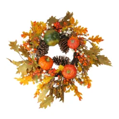 Christmas Central Fallen Leaves With Pine Cones And Pumpkins Artificial Thanksgiving Wreath Orange 24-Inch
