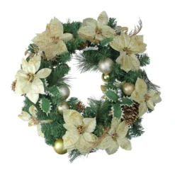 Christmas Central White Poinsettia And Pine Cone Artificial Christmas Wreath - 24-Inch Unlit