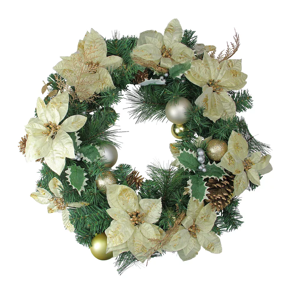 Christmas Central White Poinsettia And Pine Cone Artificial Christmas Wreath - 24-Inch Unlit 1 Christmas Central White Poinsettia And Pine Cone Artificial Christmas Wreath - 24-Inch Unlit