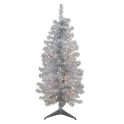 Christmas Central 4' X 22" Pre-Lit Slim Silver Artificial Tinsel Christmas Tree - Clear Lights
