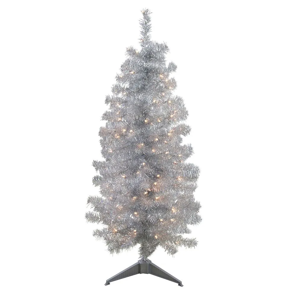 Christmas Central 4' X 22" Pre-Lit Slim Silver Artificial Tinsel Christmas Tree - Clear Lights 1 Christmas Central 4' X 22" Pre-Lit Slim Silver Artificial Tinsel Christmas Tree - Clear Lights