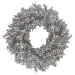 Christmas Central 24" Silver Tinsel Artificial Christmas Wreath Clear Lights