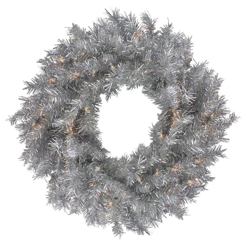 Christmas Central 24" Silver Tinsel Artificial Christmas Wreath Clear Lights 1 Christmas Central 24" Silver Tinsel Artificial Christmas Wreath Clear Lights
