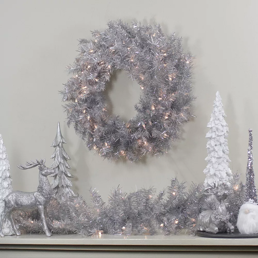 Christmas Central 24" Silver Tinsel Artificial Christmas Wreath Clear Lights 2 Christmas Central 24" Silver Tinsel Artificial Christmas Wreath Clear Lights - Image 2