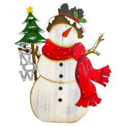 Christmas Central 18" Snowman With 'Snow' Sign Wooden Christmas Decoration