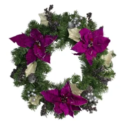 Christmas Central Purple Poinsettia And Silver Pine Cone Artificial Christmas Wreath - 24-Inch Unlit