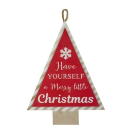 Christmas Central 16” Red And White Merry Little Christmas Tree Wooden Hanging Wall Sign