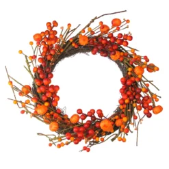 Christmas Central Red And Orange Fall Berry And Mini Pumpkin Artificial Thanksgiving Wreath - 20-Inch Unlit