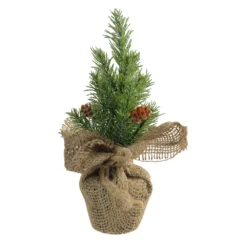 Christmas Central 8.5" Glittered Pine Mini Burlap Base Artificial Christmas Tree- Unlit