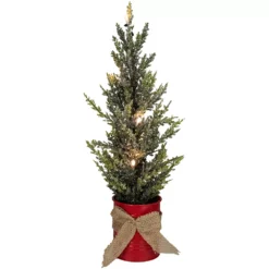 Christmas Central 16" LED Lighted Red Potted Artificial Tabletop Iced Christmas Tree Decoration - Clear Lights
