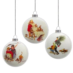 Christmas Central Set Of 3 Norman Rockwell Glass Christmas Disc Ornament