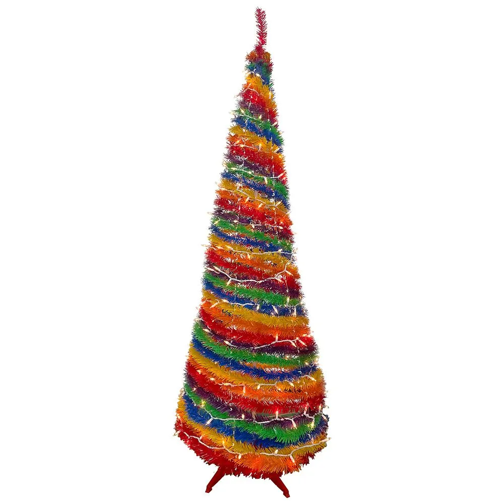 Christmas Central 6' Pre-Lit Rainbow Tinsel Pop-Up Artificial Christmas Tree Clear Lights 1 Christmas Central 6' Pre-Lit Rainbow Tinsel Pop-Up Artificial Christmas Tree Clear Lights