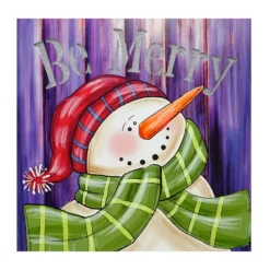 Christmas Central LED Lighted "Be Merry" Smiling Snowman Christmas Canvas Wall Art 11.75" X 11.75"