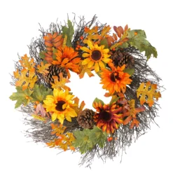 Christmas Central Sunflowers And Pine Cones Fall Artificial Thanksgiving Wreath 24-Inch Unlit