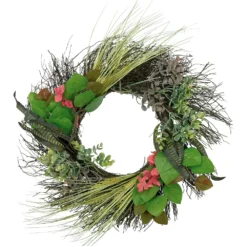 Christmas Central Wheat Eucalyptus And Twig Artificial Wreath 22-Inch