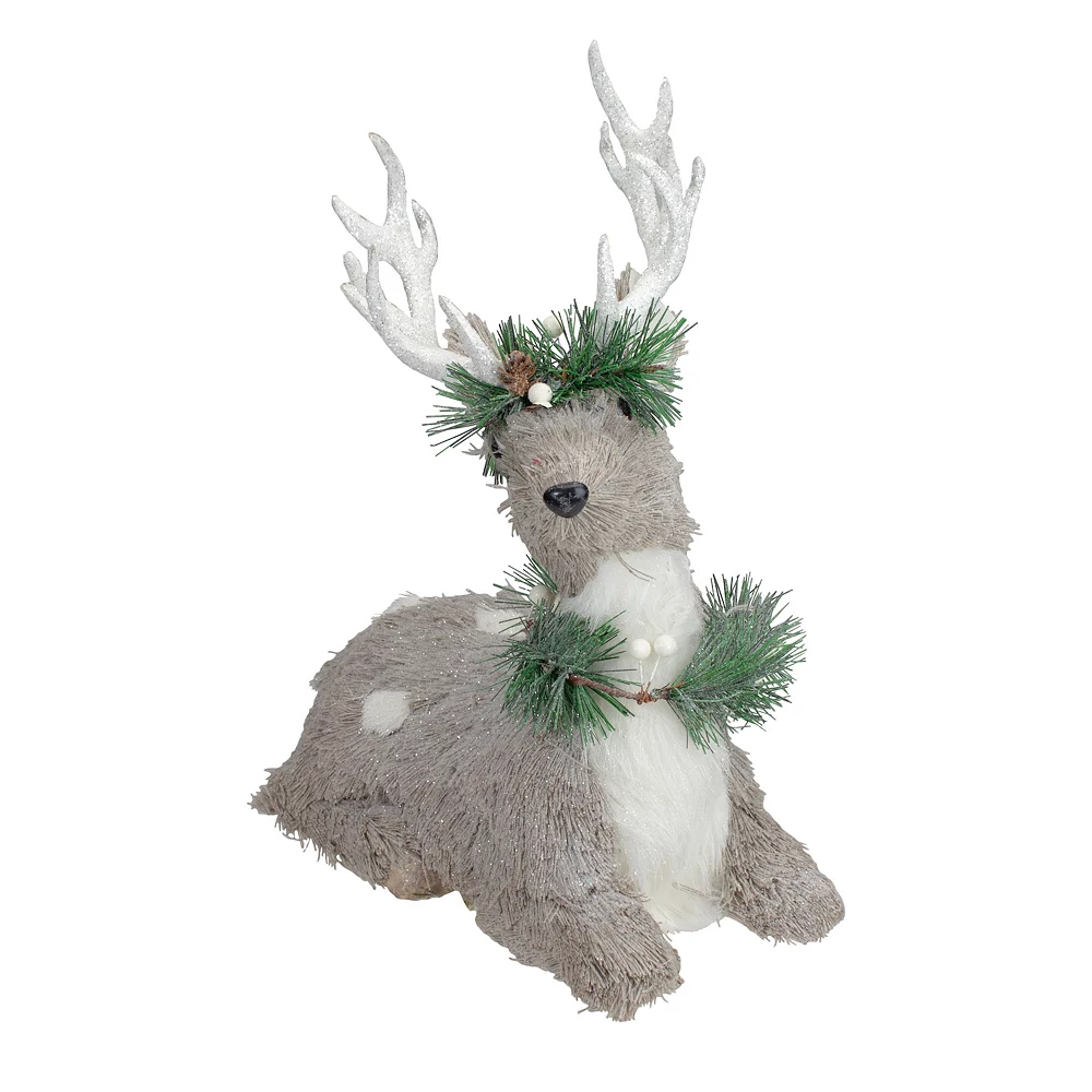 Christmas Central 12.75" Gray Sitting Sisal Reindeer With Wreath Christmas Figure 2 Christmas Central 12.75" Gray Sitting Sisal Reindeer With Wreath Christmas Figure - Image 2