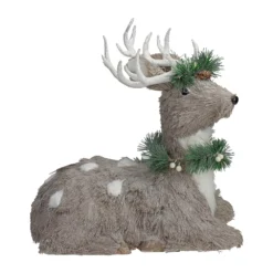 Christmas Central 14" Gray Sitting Sisal Reindeer With Wreath Christmas Figure