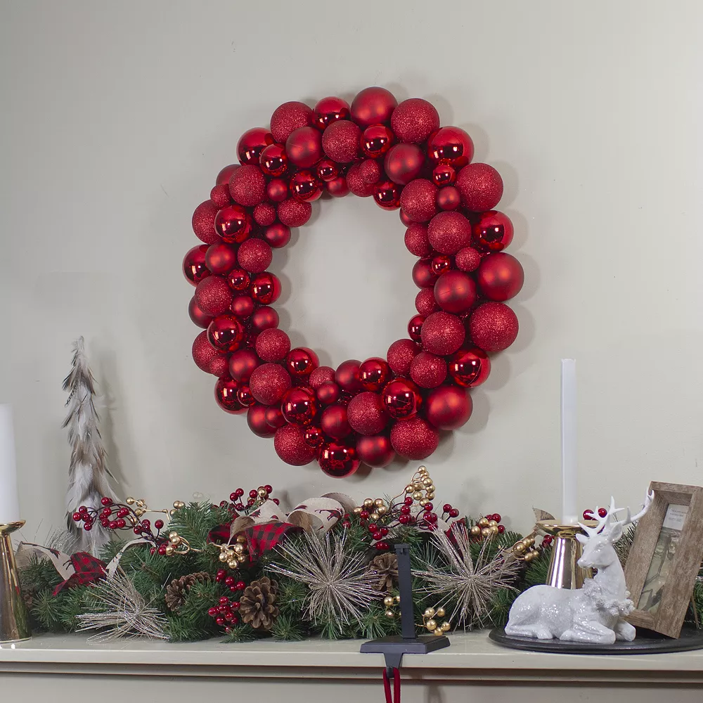 Christmas Central Red Hot 3-Finish Shatterproof Ball Christmas Wreath 24-Inch 2 Christmas Central Red Hot 3-Finish Shatterproof Ball Christmas Wreath 24-Inch - Image 2
