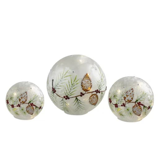 Christmas Central Set Of 3 LED Frosted Snowball Berries And Pine Glass Christmas Globes With Timer - 8" -Christmas Central Shop 6059392