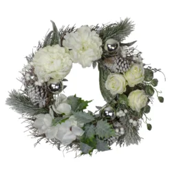 Christmas Central White And Silver Floral Flocked Pine Artificial Grapevine Christmas Wreath - 24-Inch Unlit