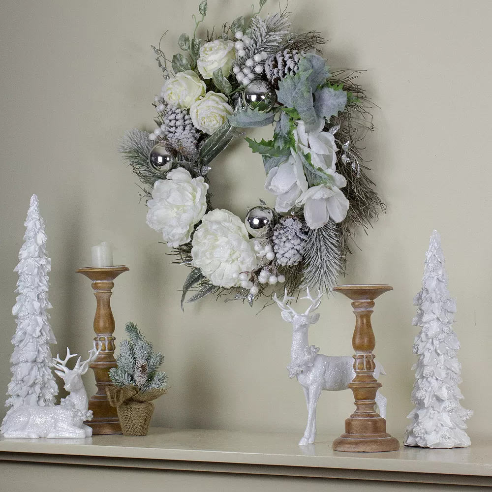 Christmas Central White And Silver Floral Flocked Pine Artificial Grapevine Christmas Wreath - 24-Inch Unlit 2 Christmas Central White And Silver Floral Flocked Pine Artificial Grapevine Christmas Wreath - 24-Inch Unlit - Image 2