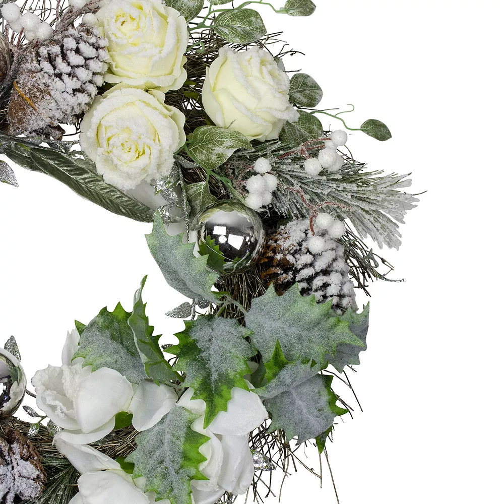 Christmas Central White And Silver Floral Flocked Pine Artificial Grapevine Christmas Wreath - 24-Inch Unlit 3 Christmas Central White And Silver Floral Flocked Pine Artificial Grapevine Christmas Wreath - 24-Inch Unlit - Image 3