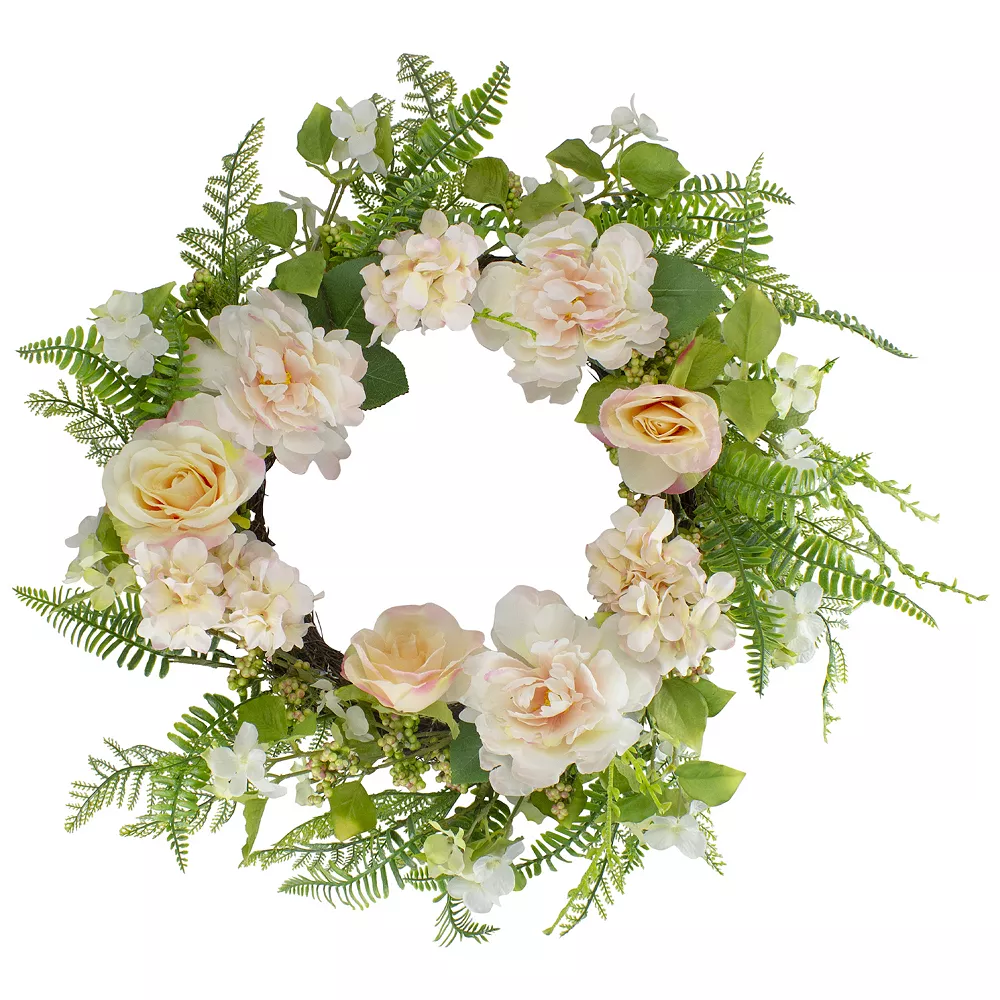 Christmas Central Rose And Peony Fern Artificial Floral Spring Wreath Pink - 24-Inch 1 Christmas Central Rose And Peony Fern Artificial Floral Spring Wreath Pink - 24-Inch