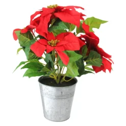 Christmas Central 15.5" Red And Green Artificial Poinsettia Flower Arrangement In Pot
