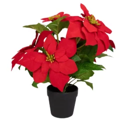 Christmas Central 13.5” Artificial Red And Green Poinsettia Flower Arrangement In Dark Coffee Vase