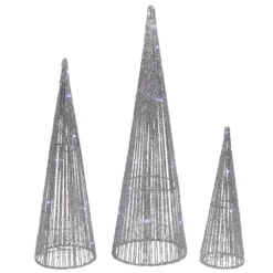 Christmas Central Set Of 3 LED Lighted Silver Glitter Cone Tree Outdoor Christmas Decorations 23.5"