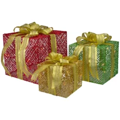 Christmas Central Set Of 3 LED Lighted Red Green And Gold Glitter Gift Boxes Outdoor Christmas Decoration