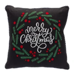Christmas Central 15.5" Black And White "Merry Christmas" Berry Wreath Throw Pillow