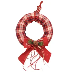 Christmas Central Red Plaid Christmas Wreath With Burlap Bow And Pine Accents - 16-Inch Unlit