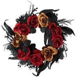 Christmas Central Red And Gold Roses With Black Foliage Halloween Wreath 22-Inch Unlit