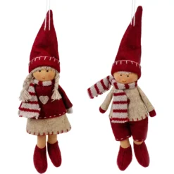 Christmas Central Set Of 2 Boy And Girl Hanging Doll Christmas Ornaments 8"