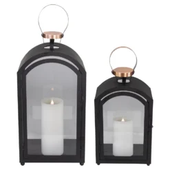 Christmas Central Set Of 2 Black Metal Dome Lanterns With Copper Handle 20"
