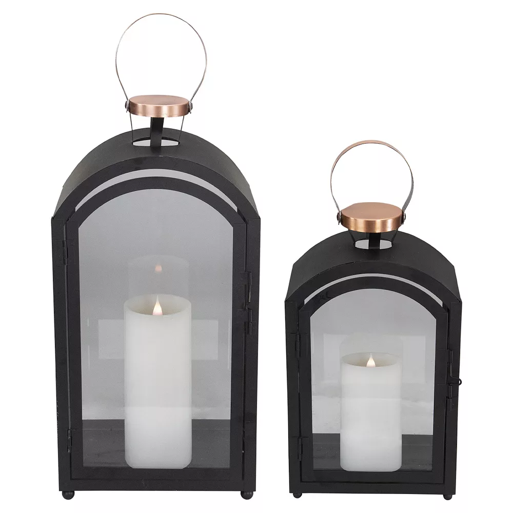 Christmas Central Set Of 2 Black Metal Dome Lanterns With Copper Handle 20" 1 Christmas Central Set Of 2 Black Metal Dome Lanterns With Copper Handle 20"