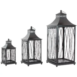 Christmas Central Set Of 3 Black Lattice Style Candle Lanterns 22.75"