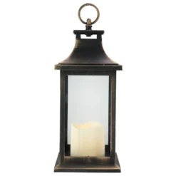 Christmas Central 12.5" Black With Gold Brushing Candle Lantern With Flameless LED Candle