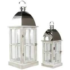 Christmas Central Set Of 2 Antique White Wood Candle Lanterns With Silver Tops 21.5"
