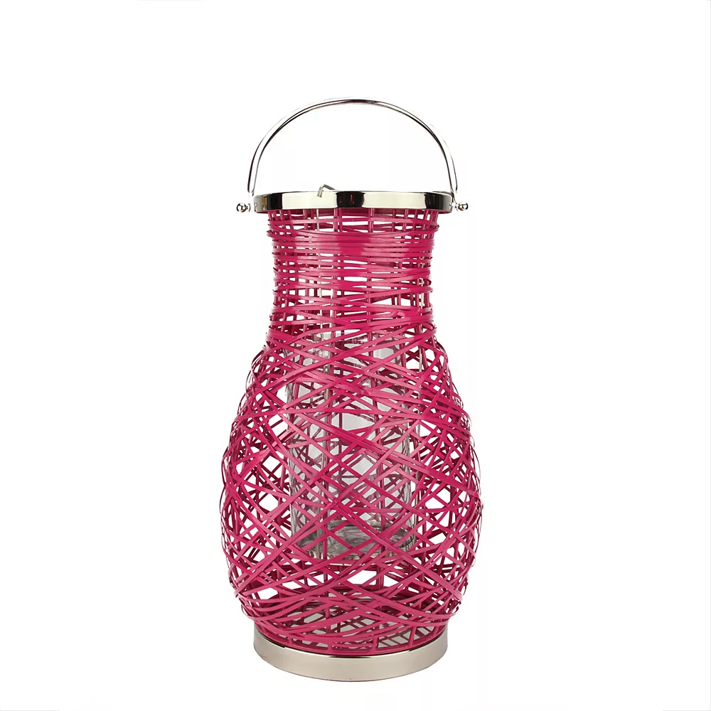 Christmas Central 16.25" Modern Fuchsia Pink Decorative Woven Iron Pillar Candle Lantern With Glass Hurricane 1 Christmas Central 16.25" Modern Fuchsia Pink Decorative Woven Iron Pillar Candle Lantern With Glass Hurricane