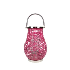Christmas Central 13.5" Modern Fuchsia Pink Decorative Woven Iron Pillar Candle Lantern With Glass Hurricane
