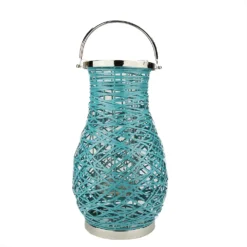 Christmas Central 18.5" Modern Turquosie Blue Decorative Woven Iron Pillar Candle Lantern With Glass Hurricane